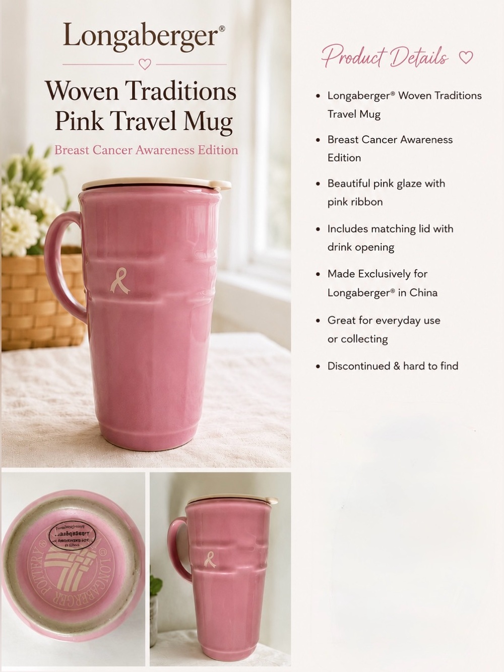 Longaberger Woven Traditions Pink Travel Mug w/ Lid (Breast Cancer Awareness)‎